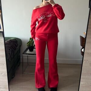 Red off the shoulder sweatshirt